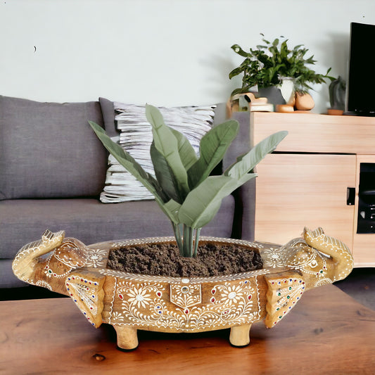 Driftwood Bohemian Wooden Hand-Crafted 2 Elephant Face Trunk Up Indoor Planter Tray