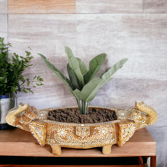 Driftwood Bohemian Wooden Hand-Crafted 2 Elephant Face Trunk Up Indoor Planter Tray