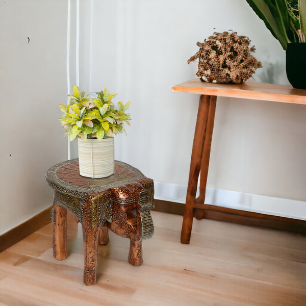 Golden Brown Hand-Crafted Elephant Stool - Wooden Table Top