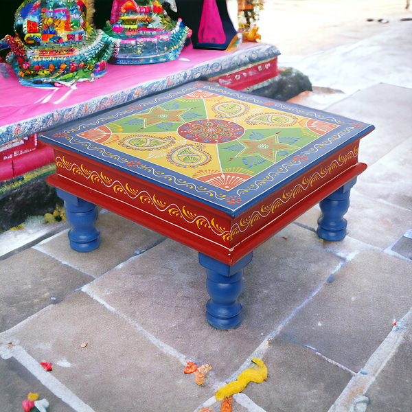 Red & Blue Wooden Hand-Painted 12" BAJOT/ CHOWKI Pooja Temple Stool