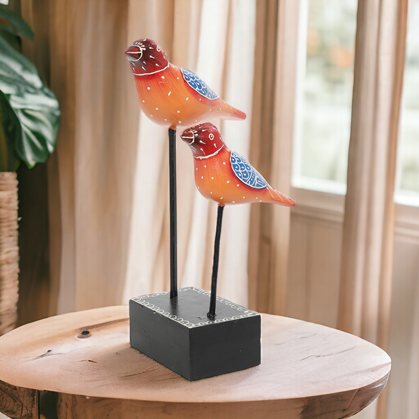 Wooden Multicolor Bird Pair Figurine Placed At Iron Rod With Wooden Base