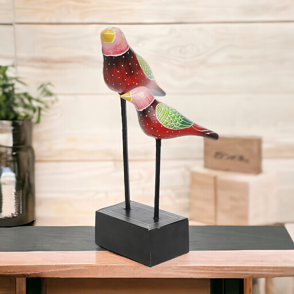 Red & Green Wooden Bird Pair Figurine Placed At Iron Rod With Wooden Base