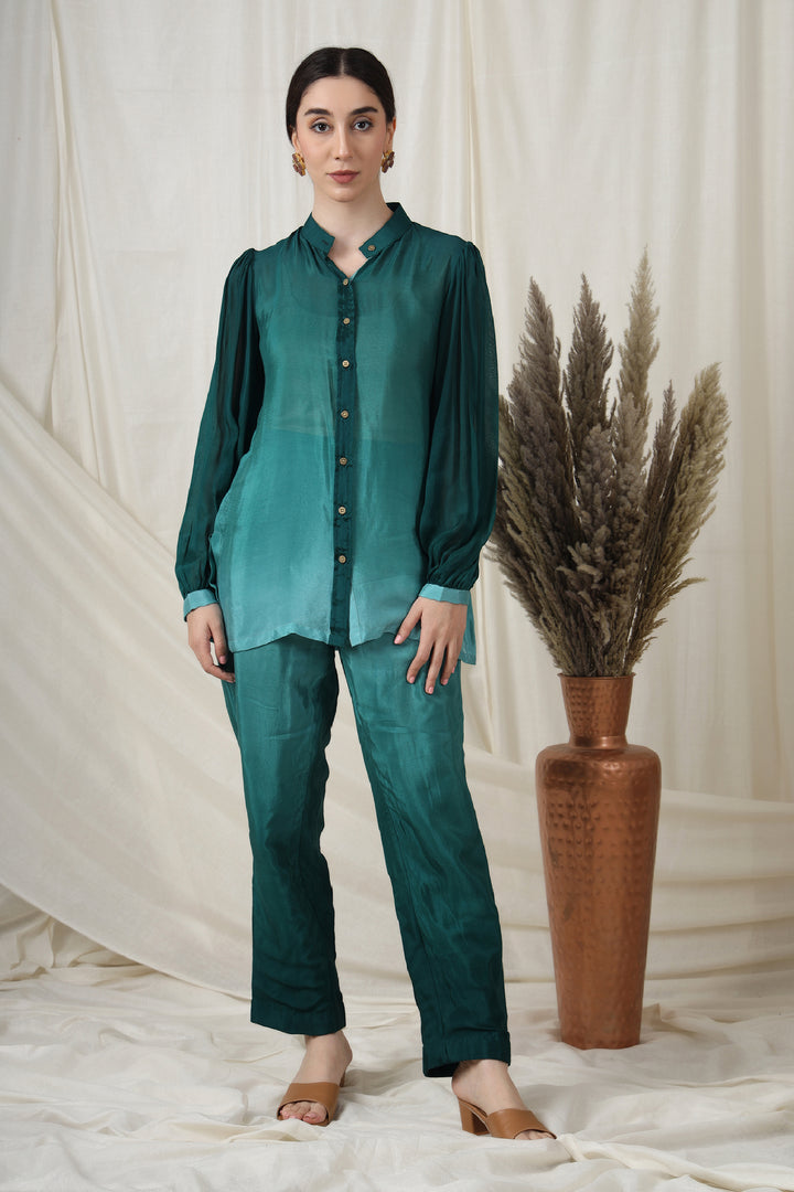 Elegant bottle green ombre Chinese Collar Co-ord Set with puff sleeves and narrow pants.