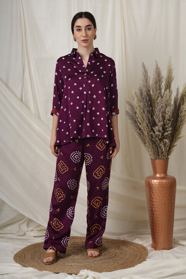 Hand-Tied Bandhani Co-ord Set: A stunning deep purple front and mauve back design