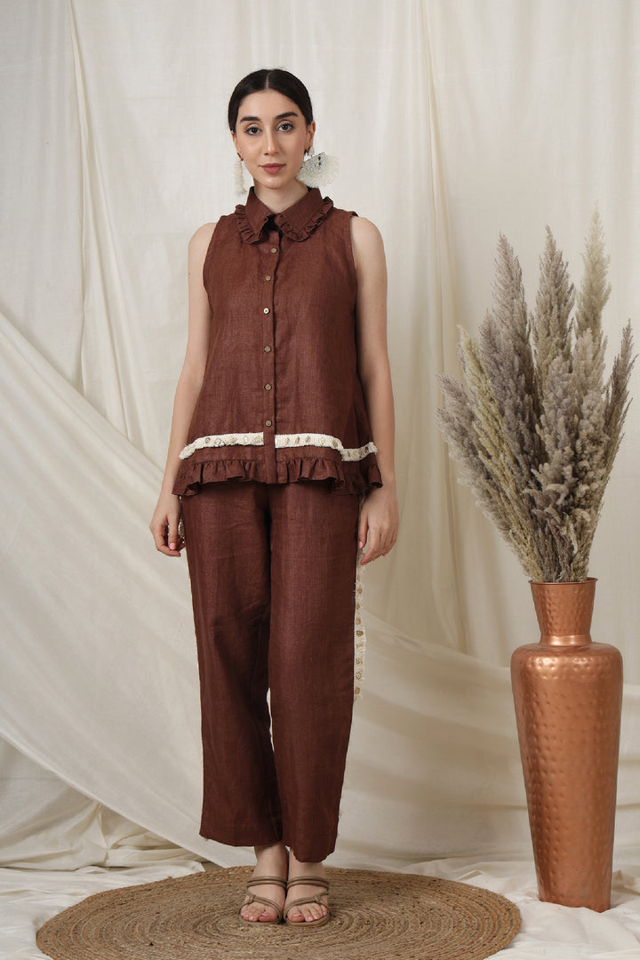 Coffee brown Collar Neck Co-ord Set with fringes and coins - Front view