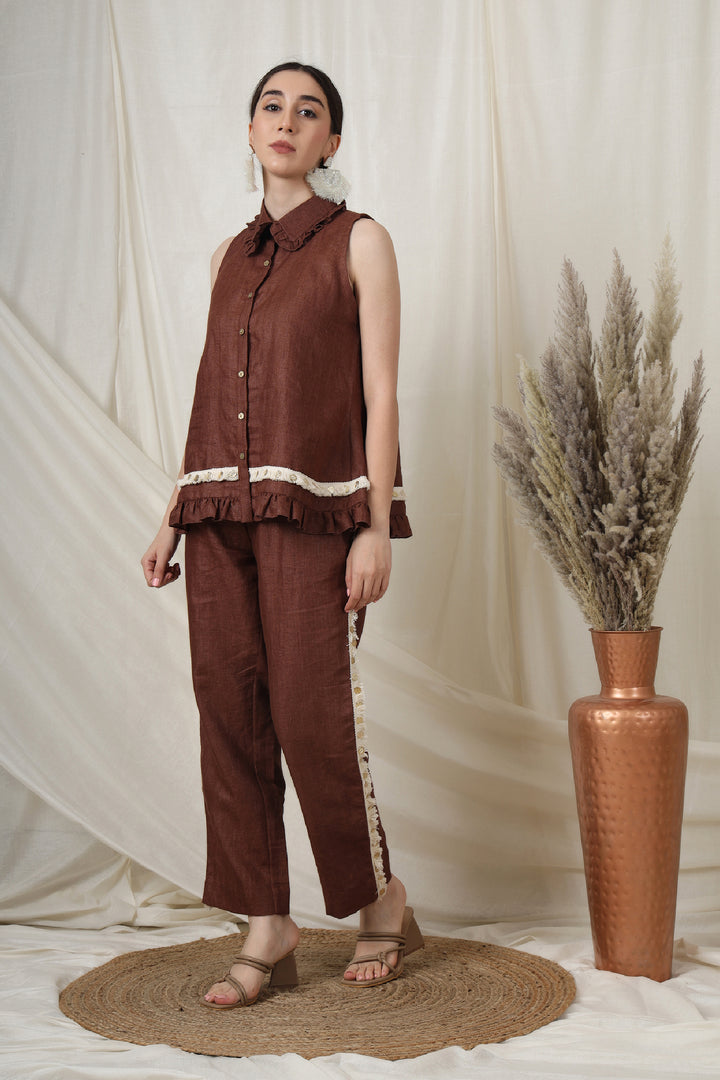 Model wearing the Collar Neck Co-ord Set in coffee brown - Office wear