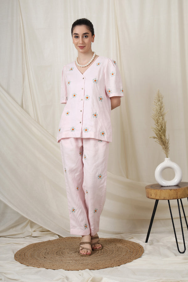 Image of a V-Neck Co-ord Set in Baby Pink Linen with Floral Embroidery