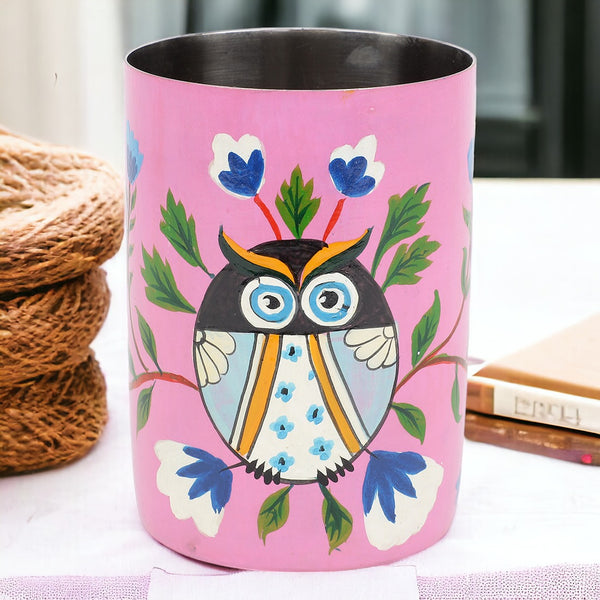 Stainless Steel Glass - Hand Painted Pastel Magenta Quirky Owl