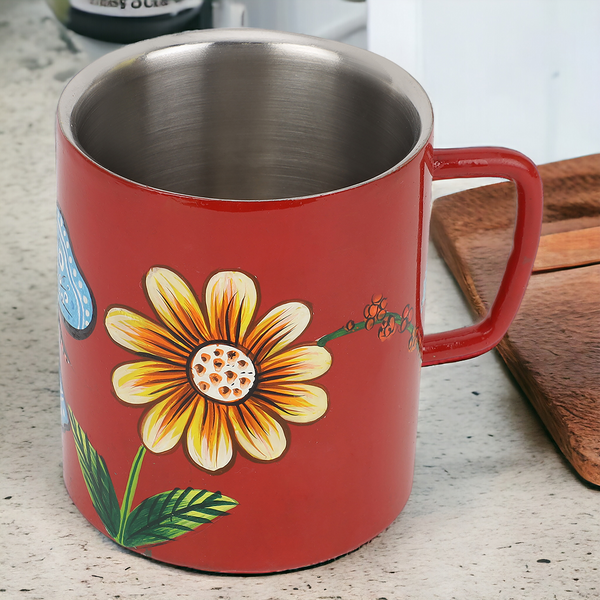 Floral Hand Painted Stainless Steel Mug With Red Base