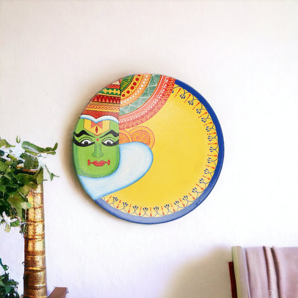 Kathakali Face Wooden Decorative Hand Painted Wall Plate With Yellow Base