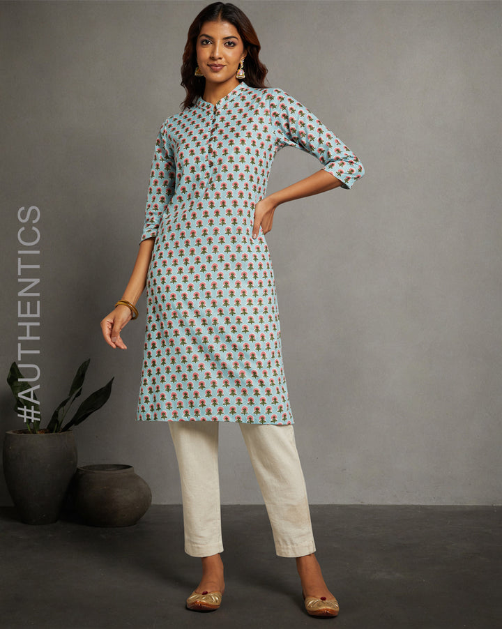 Stylish Sky Blue Floral Hand Block Cotton Kurta, paired with white pant and jutti, worn by a woman standing next to flowerpot.