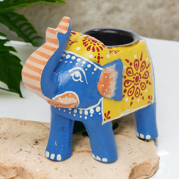 Light Navy & Golden Brown Hand-Painted Elephant Shaped Tealight Candle Holder