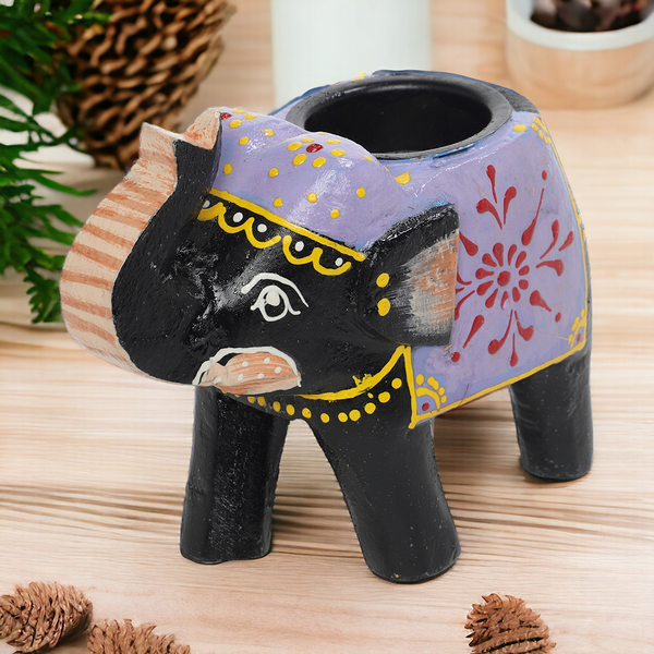 Purple & Black Hand-Painted Elephant Shaped Tealight Candle Holder