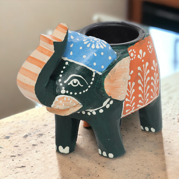 Dark Grey & Blue Hand-Painted Elephant Shaped Tealight Candle Holder