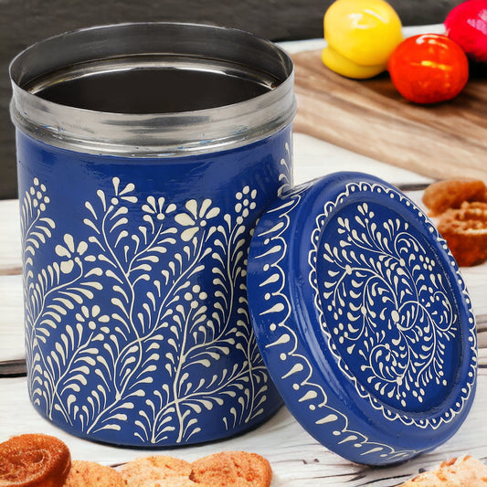 Lapis Blue Bud-Motif Hand-Painted Storage Box