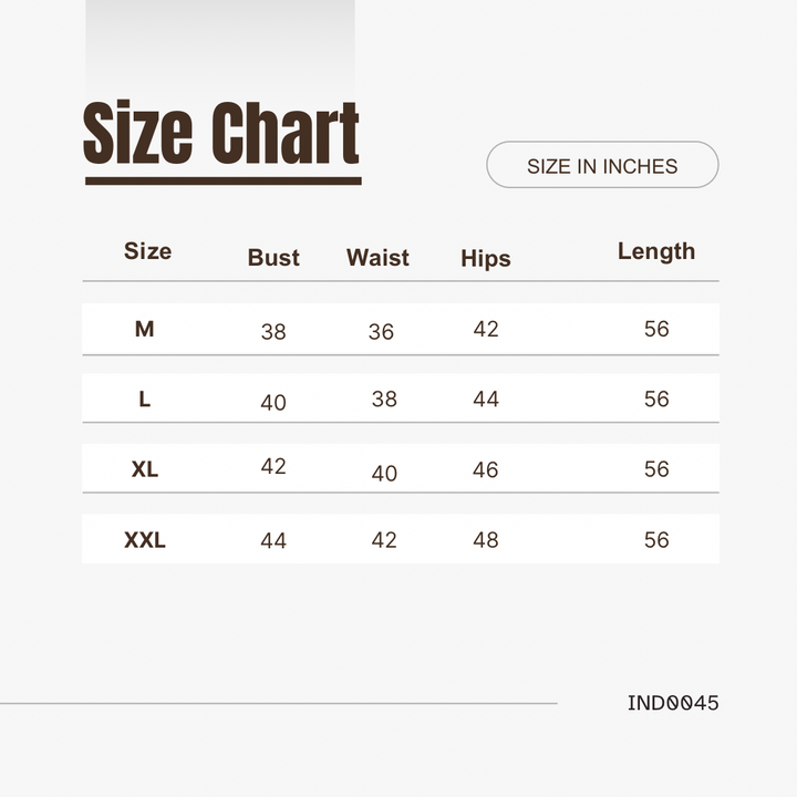 showing the size chart for mehndi color long kurti dress.