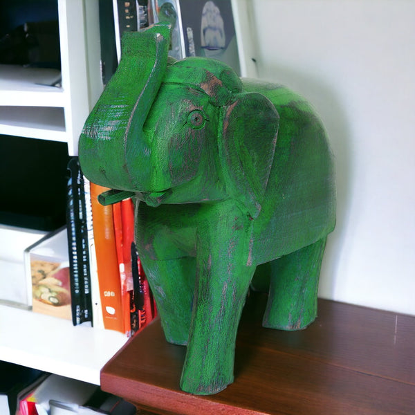 Rustic Green Hand-Crafted 6" Wooden Elephant Figurine Table Decor