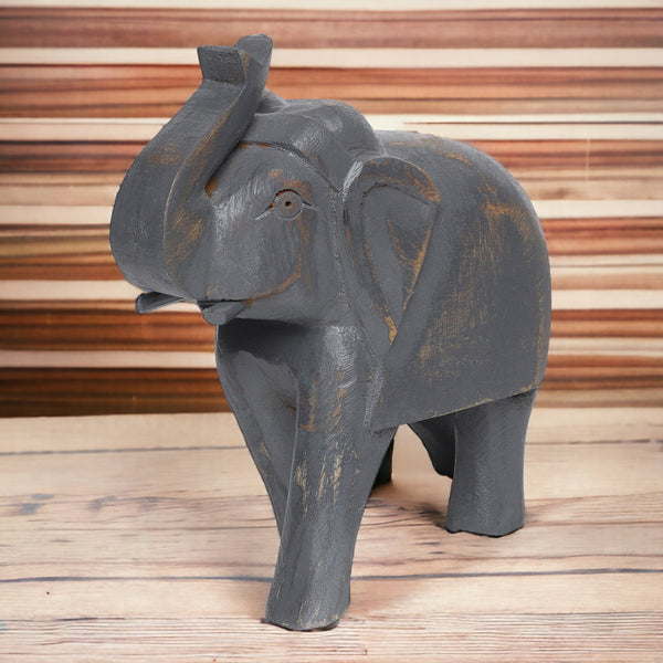 Rustic Grey Hand-Crafted 6" Wooden Elephant Figurine Table Decor