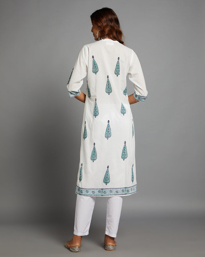 Woman showing the back view of White Cotton Straight Kurta with Chinese Collar and V-Neck with three-quarter sleeve paired with white pant and jutti, highlighting the relaxed fit and simple design from behind.