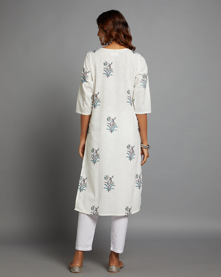 Woman showing the back view of White Cotton Straight Kurta with round neck with three-quarter sleeve paired with white pant and jutti, highlighting the relaxed fit and simple design from behind.

