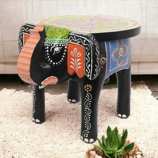 Green & Black Wooden Elephant Stool 8" Table Top