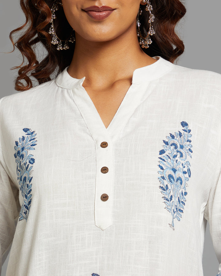 Close-up view of  White linen Straight Kurta with Chinese Collar and V-Neck, focusing on the fabric texture, neckline and stitching details.