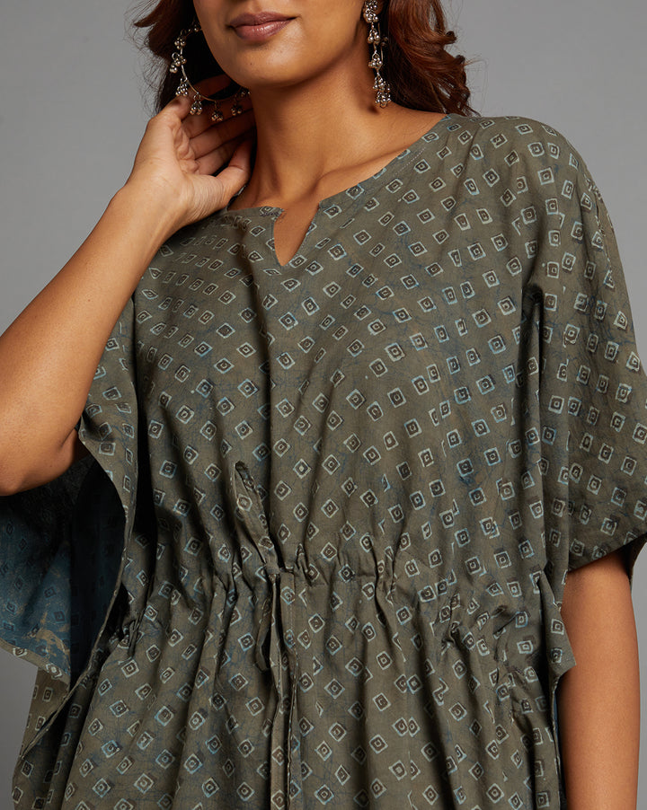 Close-up view of Grey V-Neck Hand Block Print Cotton Kaftan, focusing on the fabric texture, neckline and stitching details.

