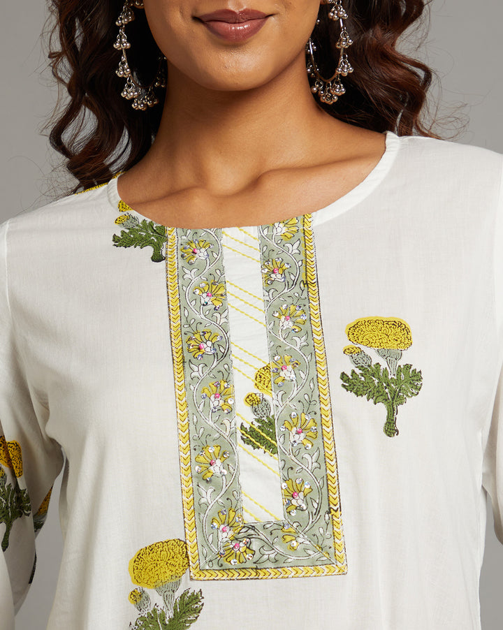 Close-up view of White Cotton Straight Kurta with Chinese Collar and V-Neck, focusing on the fabric texture, neckline and stitching details.