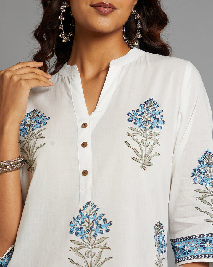 Close-up view of White Cotton Straight Kurta with Chinese Collar and V-Neck, focusing on the fabric texture, neckline and stitching details.