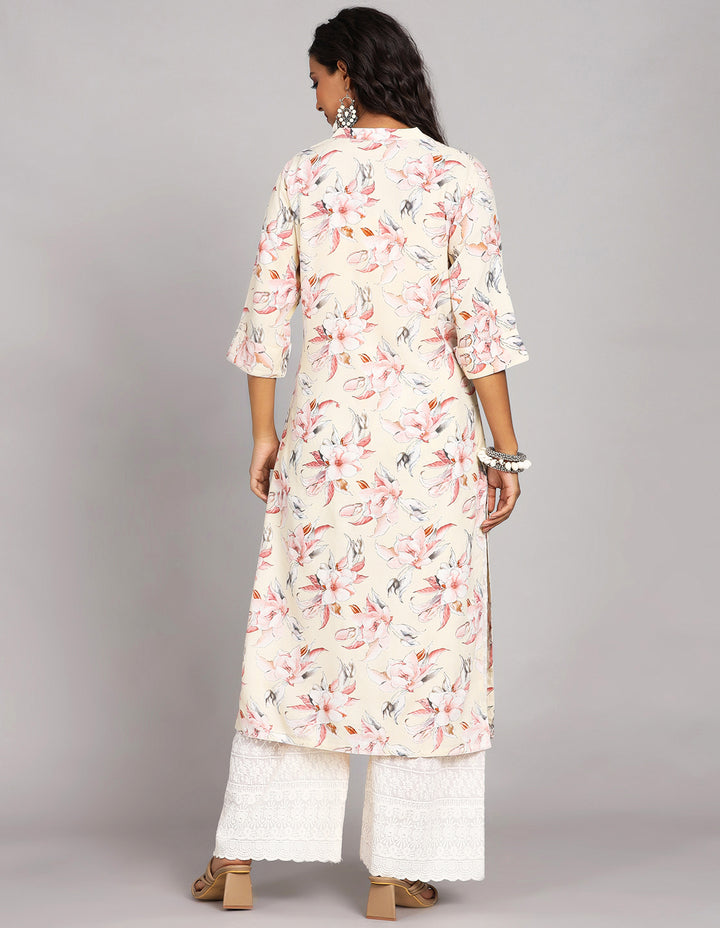 Woman showing the back view of a Cream Yellow Long Kurti with Collar Neck Design and three-quarter sleeve, paired with white palazzo and brown heels, highlighting the relaxed fit and simple design from behind.