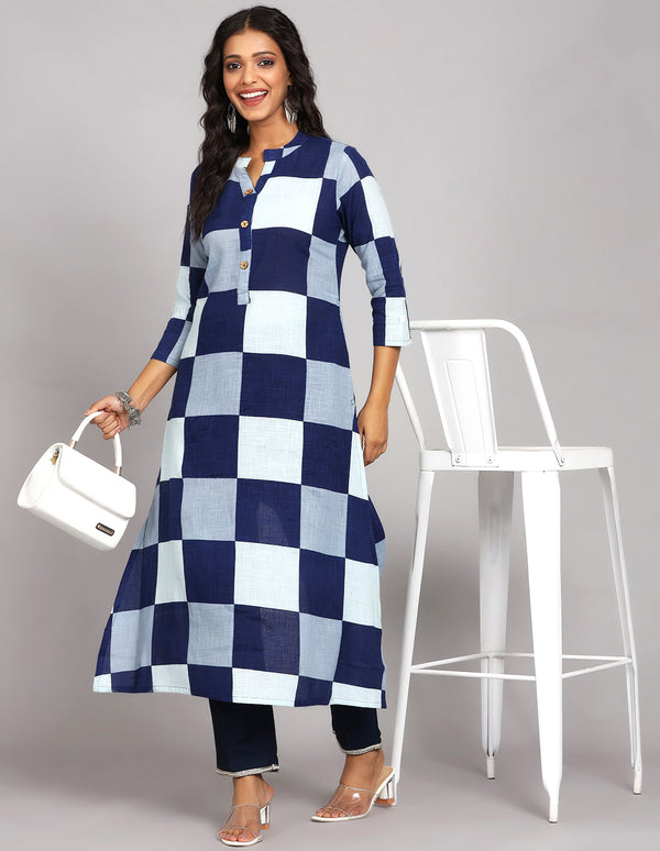 Blue-White Checkered Summer Cotton Kurti for Women