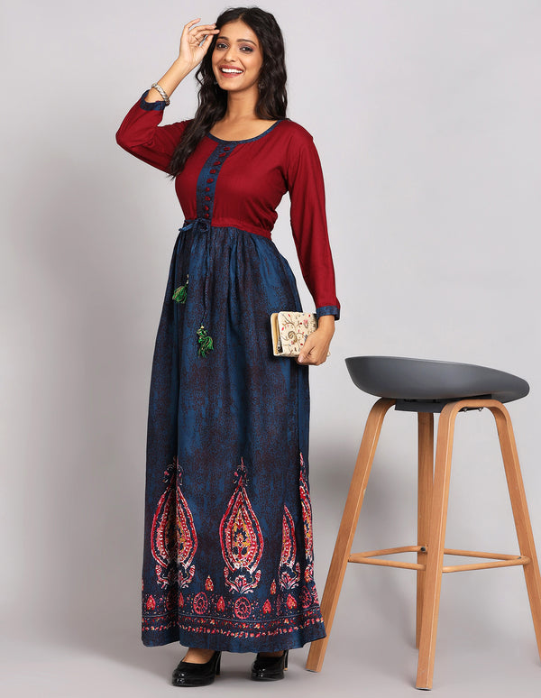 Maroon & Blue Cotton Kurti for Women, 3/4th length sleeves.