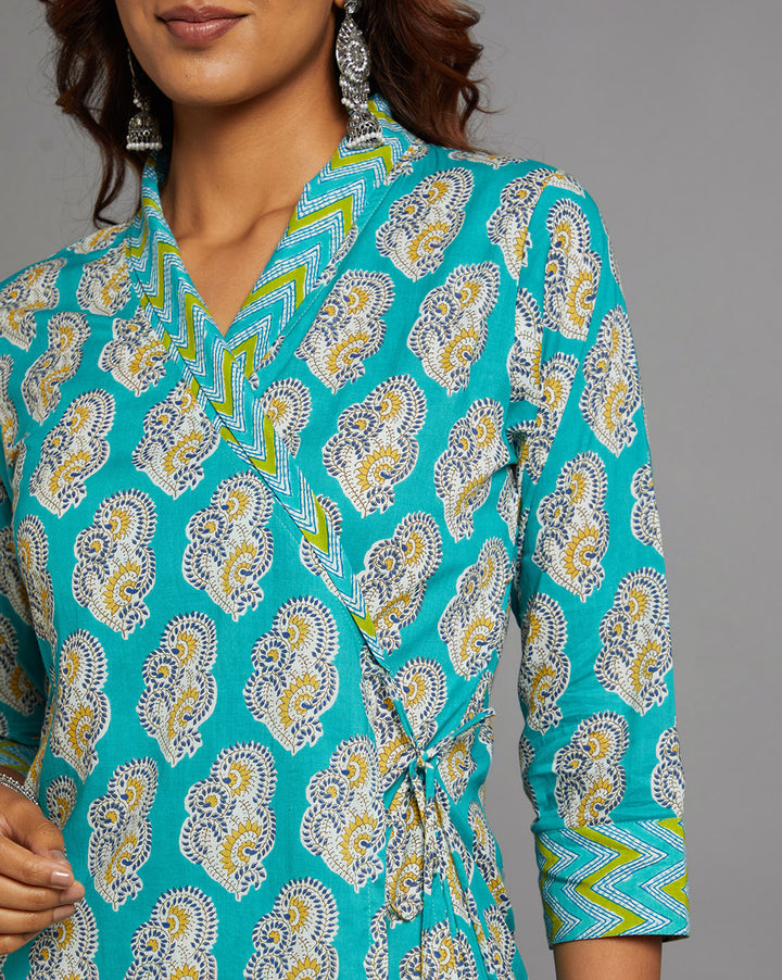 Stylish blue Cotton printed Angrakha Kurta with V-Neck , focusing on the fabric texture, neckline and stitching details