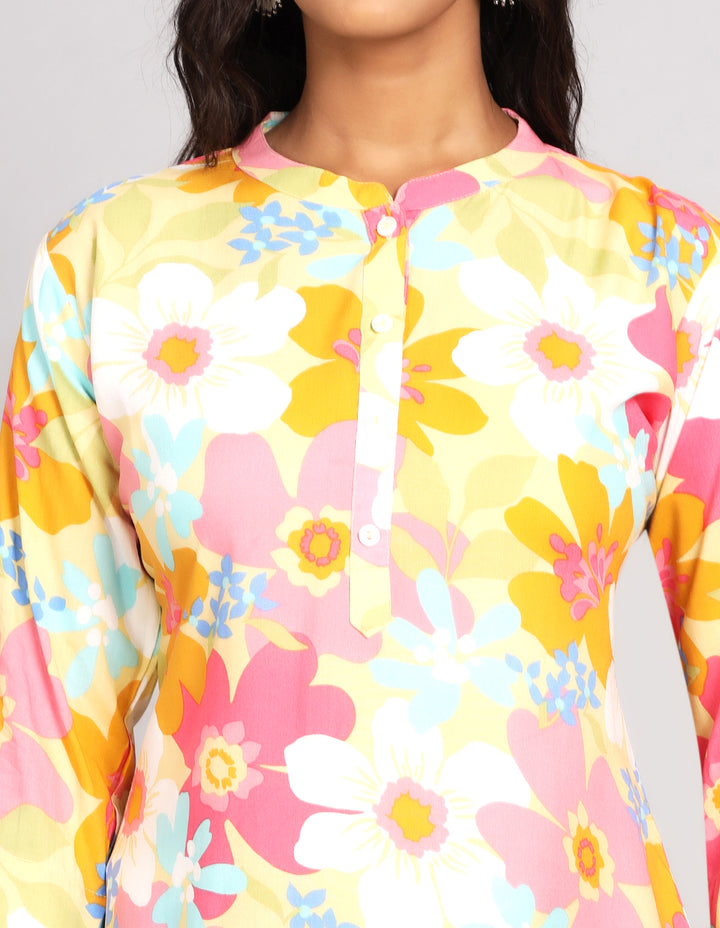 Close-up view of  Multicolor Short Kurti with Collar Neck Line, focusing on the fabric texture, Buttons, neckline and stitching details.