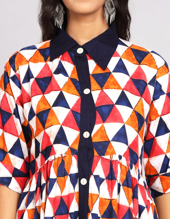 Close-up view of Multicolor Printed Long Kurti with Collar  Neck Design, focusing on the fabric texture, neckline, Buttons and stitching details.