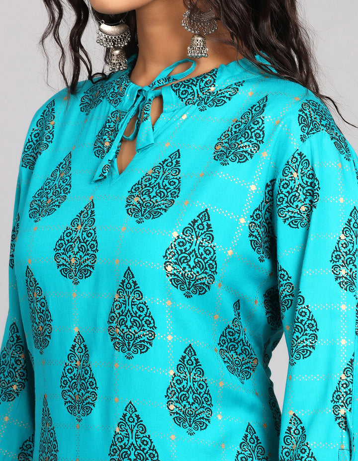 Close-up view of Printed Blue Color Cotton Kurti, focusing on the fabric texture, tie-up neckline and stitching details.