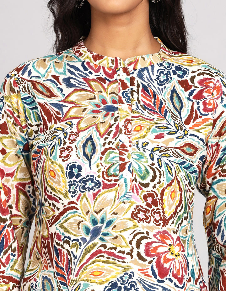 Close-up view of a Multicolor Short Kurti with Collar Neck Line, focusing on the fabric texture, collar , and stitching details.