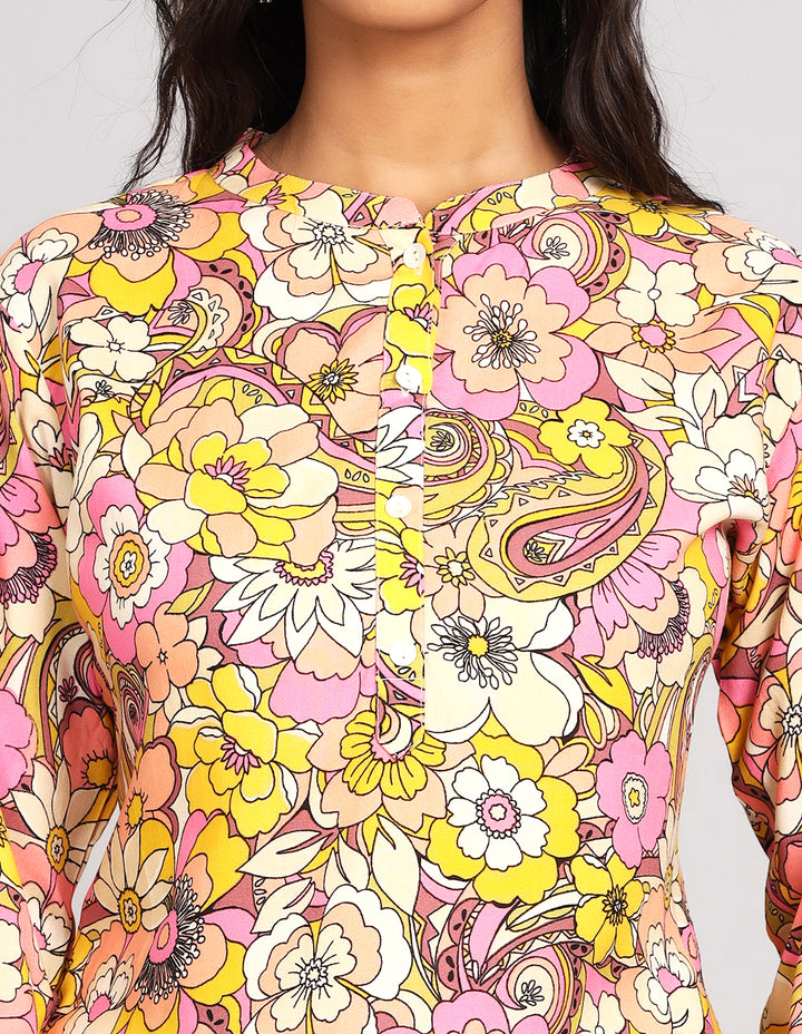 Close-up view of a Multi Color Short Kurti with Floral Print, focusing on the fabric texture, neckline and stitching details.