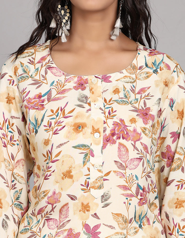 Close-up view of Cream Yellow Floral Printed Long Kurti with Round Neck Design, focusing on the fabric texture, neckline, Buttons and stitching details.