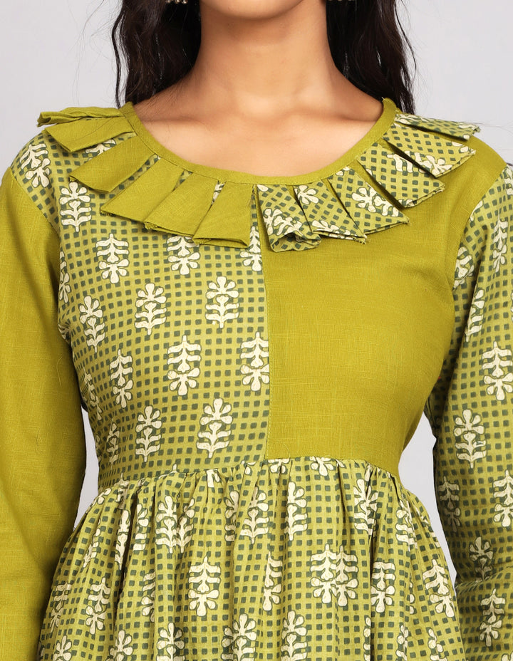 Close-up view of Printed Mehndi Green with Round Neck Long Kurti, focusing on the fabric texture, ruffled neckline and stitching details.