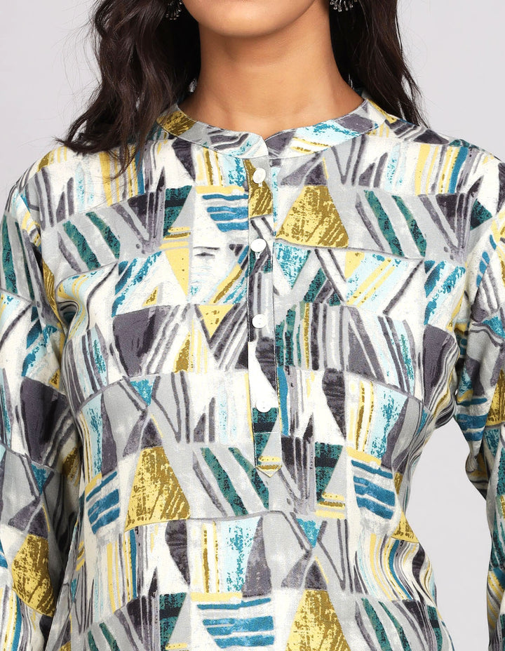 Close-up view of a Printed Grey color Short Kurti, focusing on the fabric texture, buttons, and stitching details.