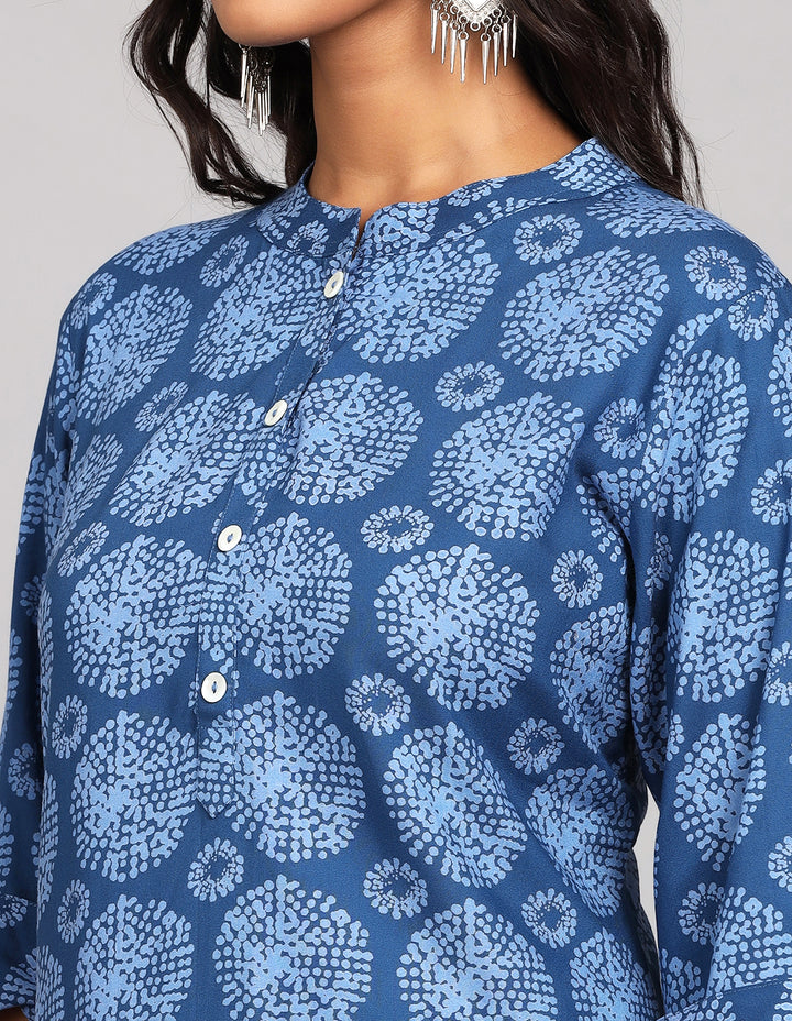 Close-up view of Blue Long Kurti with Collar Neck Line, focusing on the fabric texture, neckline, Buttons and stitching details.