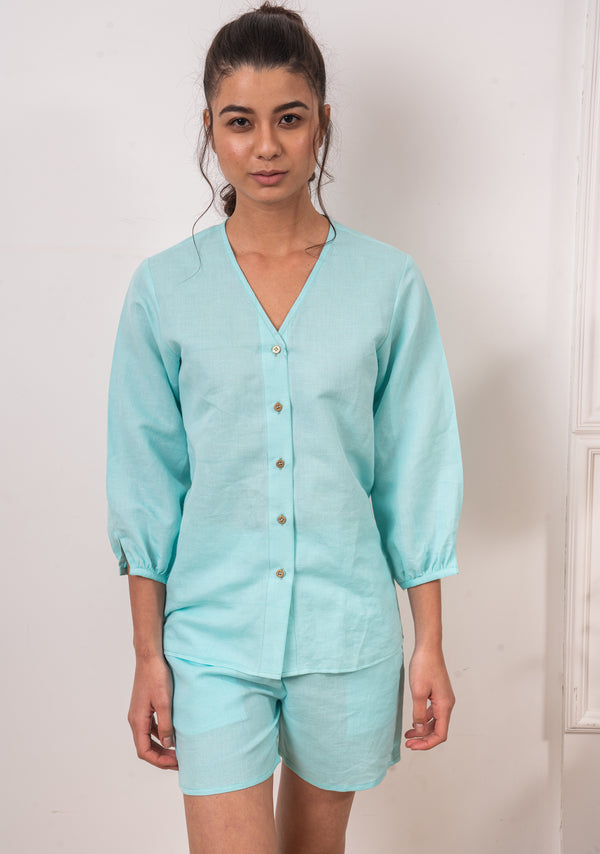 The Cocotier Pure Linen Sky Blue Shirt and Shorts Set