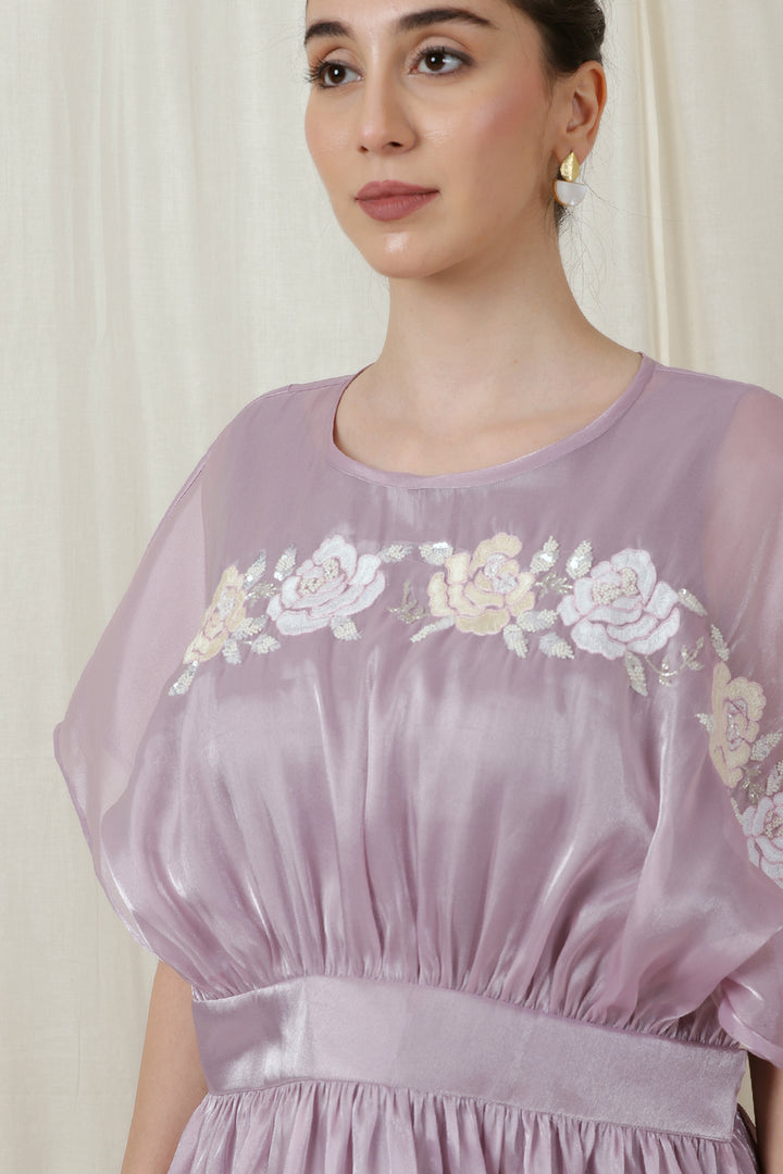 Close-up of Round Neck Detail on Lavender Top