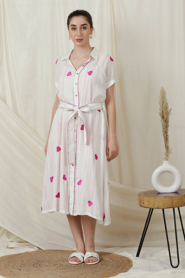 Model wearing Collar Neck Co-ord Set with Heart Motif in White