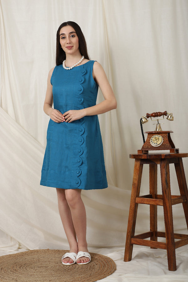 Peacock Blue Linen Sleeveless Short Dress Set for Effortless Elegance