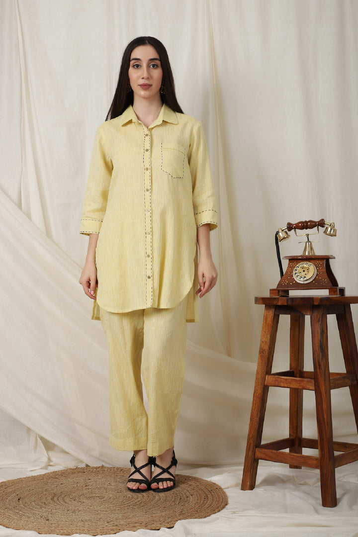 Front view of Jonquil Linen Collar Neck Outfit in a stylish, run-stitched design.