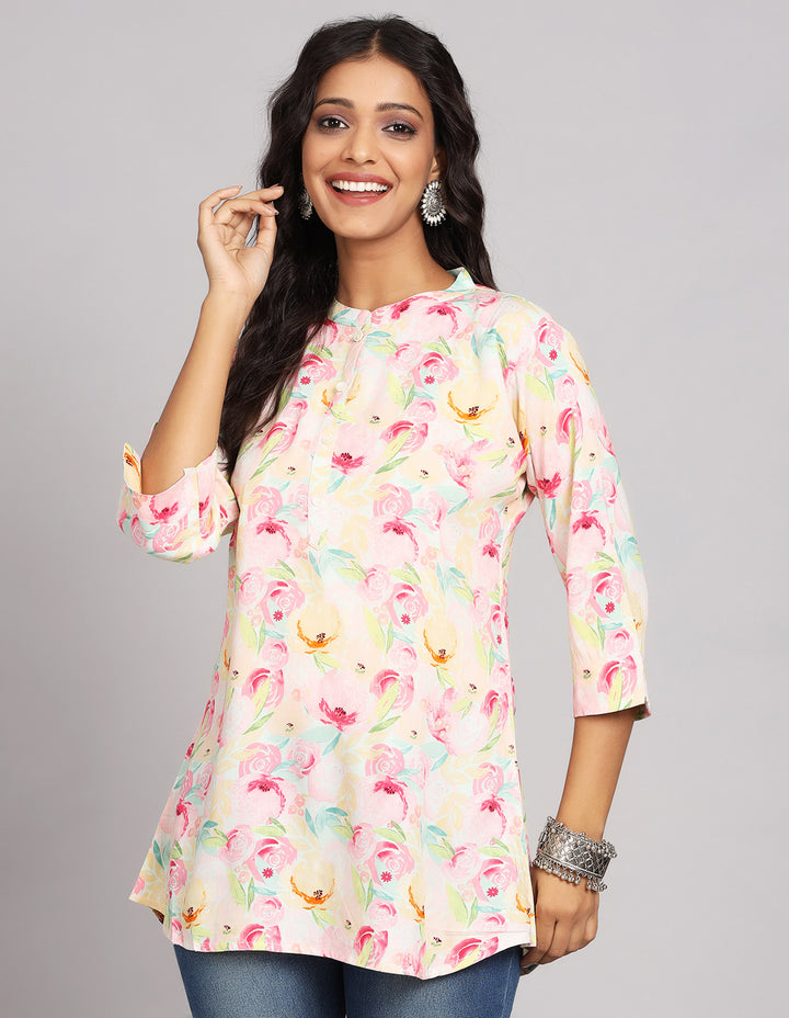 Close-up view of Multicolor Pastel Printed Short Kurti with Collar Neck Line, focusing on the fabric texture, neckline and stitching details.