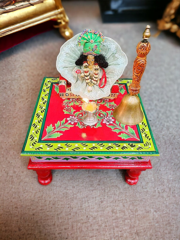 Red & Avocado Green Floral Abstract Wooden Hand-Painted 12" BAJOT/ CHOWKI Pooja Temple Stool