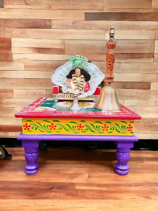 Red, Yellow & Bluish Purple Lotus Themed Wooden Hand-Painted 12" BAJOT/ CHOWKI Pooja Temple Stool